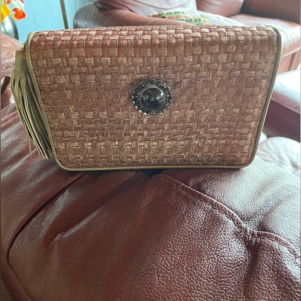 Sophisticated Brown Woven Clutch with Metal Detail